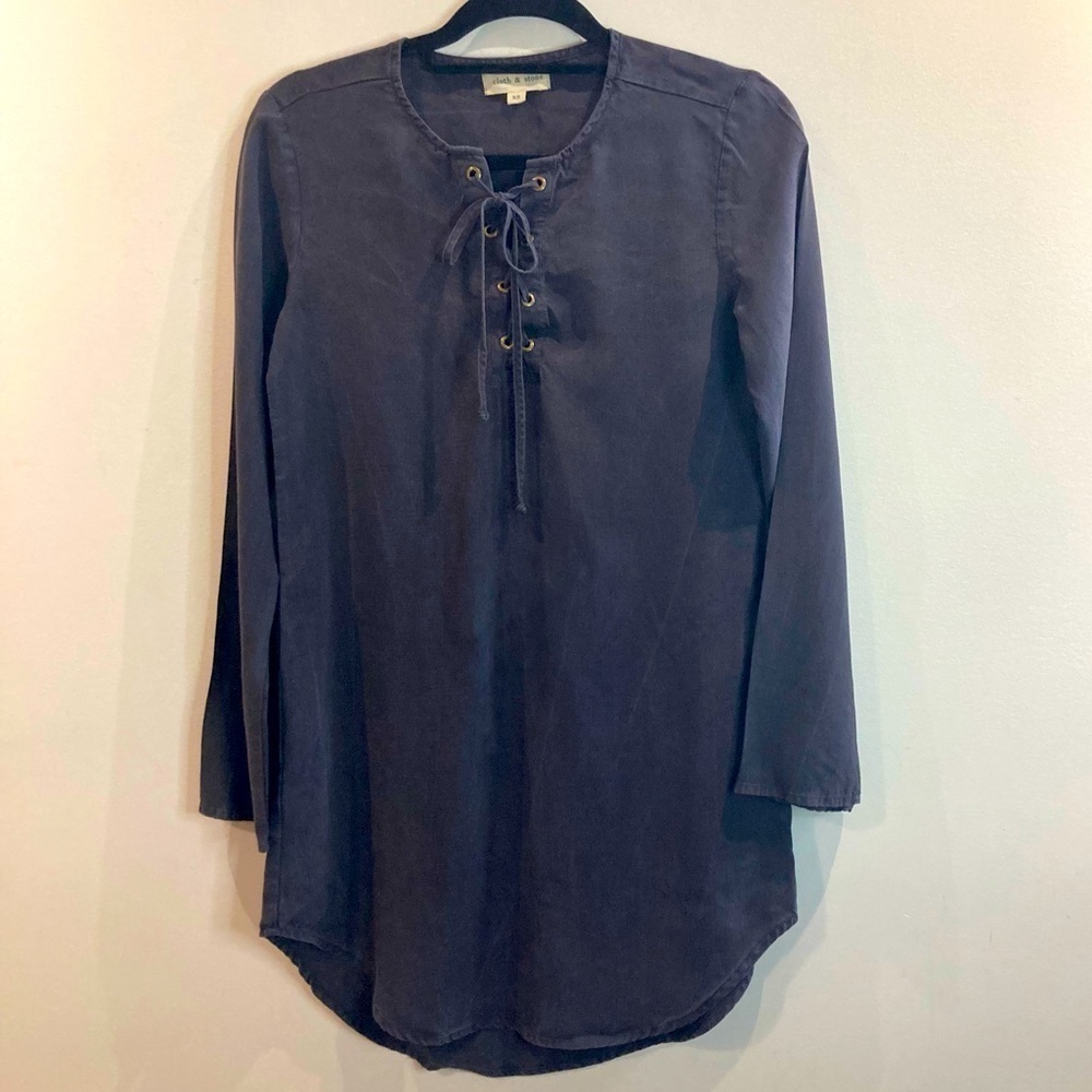 CLOTH & STONE Sz XS Oversized Tunic Top 100% Lyocel Anthropologie Lace Up Neck